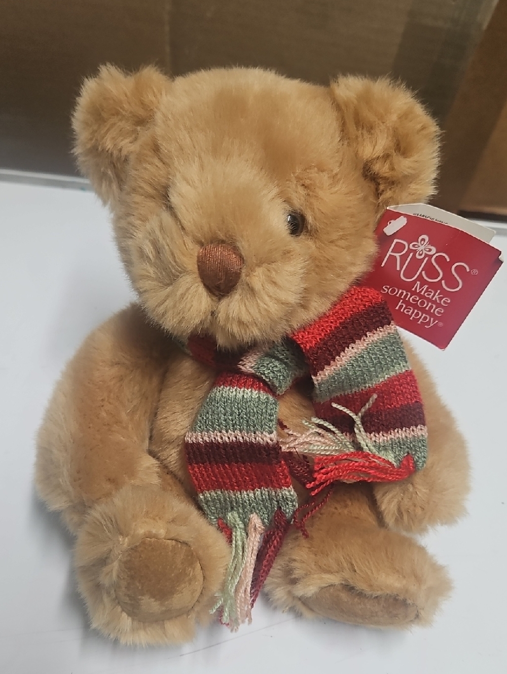 Russ Tan Plush Bear with Multicolor Striped Scarf